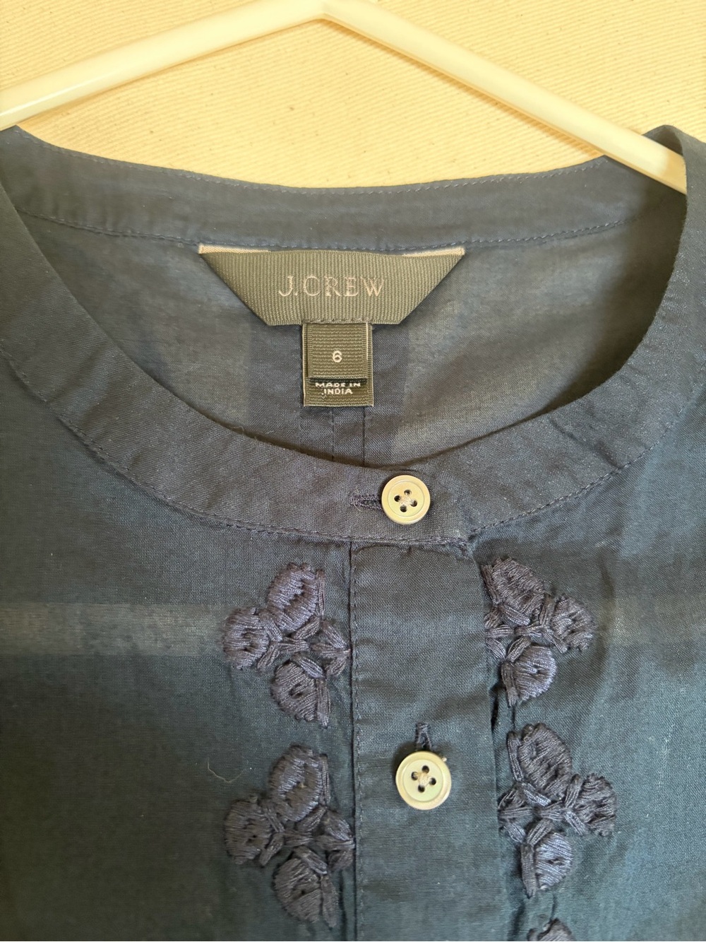 J. Crew Navy Embroidered Ruffle Button-Front Sleeveless 100% Cotton Blouse - Picture 6 of 7